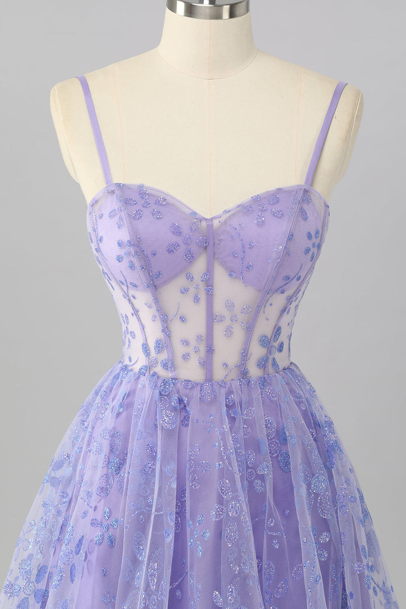 Laden Sie das Bild in den Galerie-Viewer, Glitzer Lilac A Linie Blumen Kurze Korsett Ball Kleid