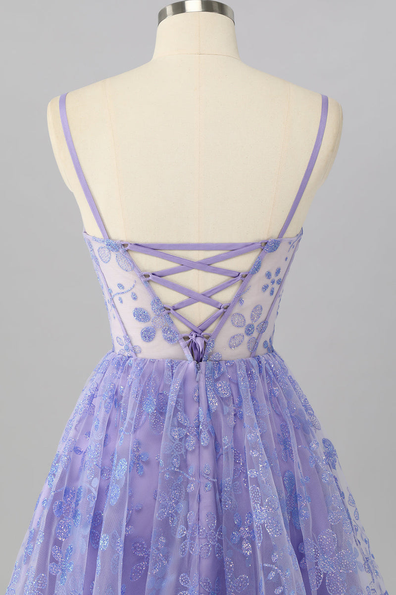 Laden Sie das Bild in den Galerie-Viewer, Glitzer Lilac A Linie Blumen Kurze Korsett Ball Kleid