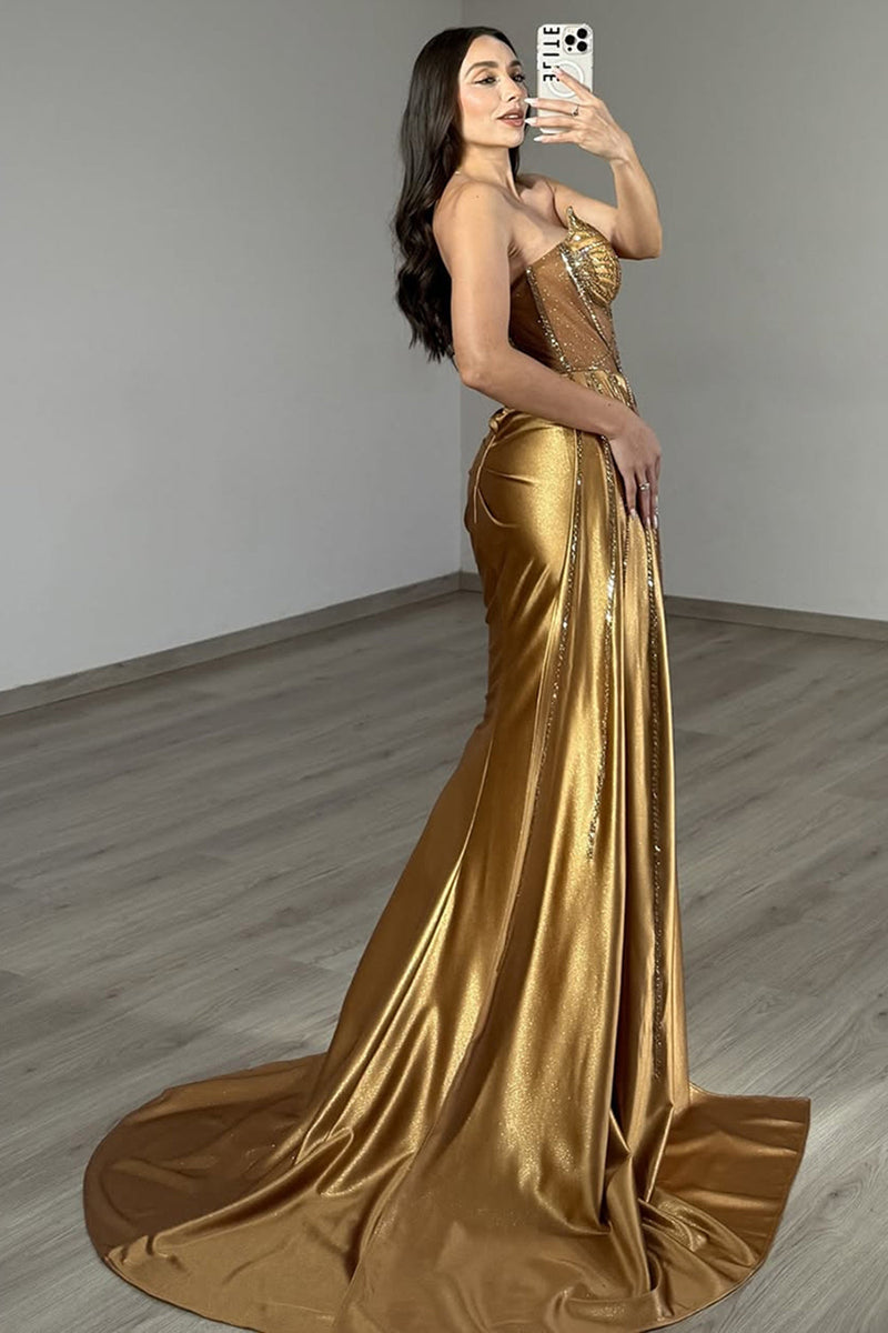 Laden Sie das Bild in den Galerie-Viewer, Glitzer Golden Meerjungfrau Satin Perlen Lange Korsett Ballkleid mit Schlitz