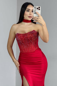 Glitzer Rot Satin Trägerlos Lange Korsett Ballkleid mit Schlitz