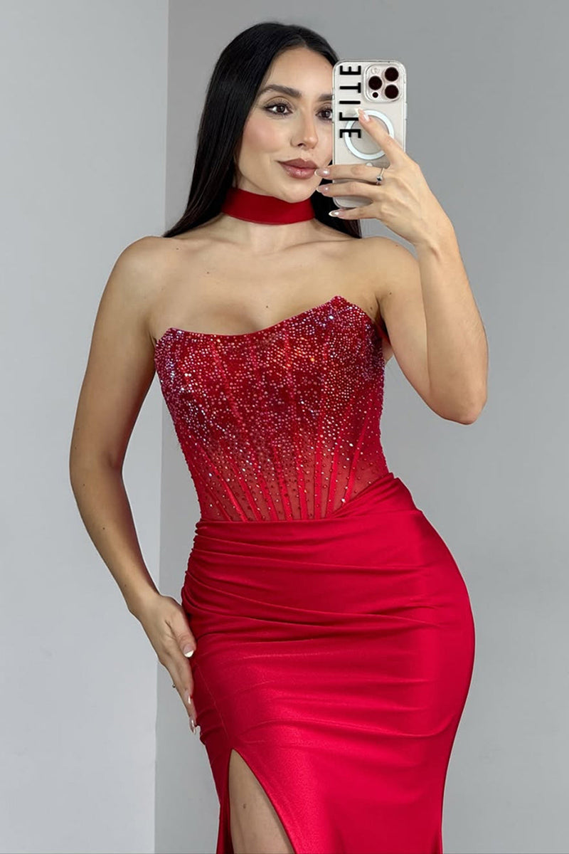 Laden Sie das Bild in den Galerie-Viewer, Glitzer Rot Satin Trägerlos Lange Korsett Ballkleid mit Schlitz