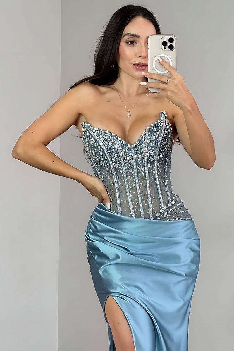 Laden Sie das Bild in den Galerie-Viewer, Glitzer Blau Satin Perlen Meerjungfrau Korsett Lange Ballkleid mit Strasssteine
