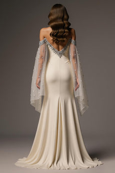 Glitzer Elfenbein Schulterfreie Meerjungfrau Lange Formelle Kleid mit Cape