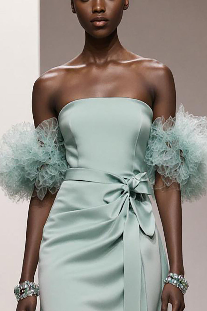 Laden Sie das Bild in den Galerie-Viewer, Mint Grün Trägerlos Satin Meerjungfrau Lange Formelle Kleid