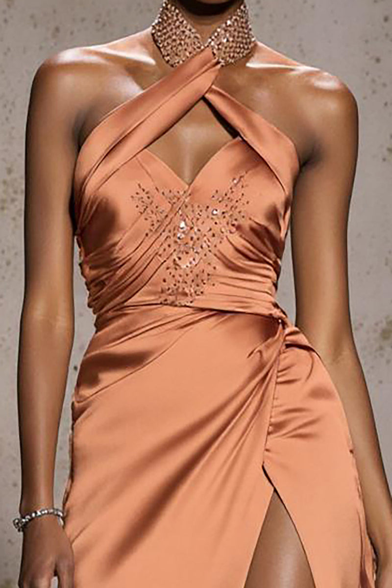 Laden Sie das Bild in den Galerie-Viewer, Glitzer Orange Neckholder Satin Meerjungfrau Lange Ball Kleid mit Perlen