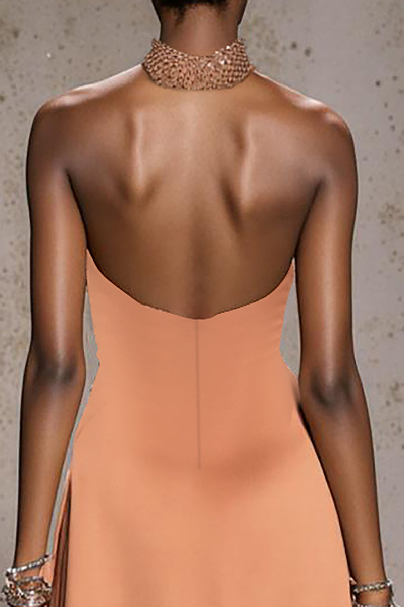 Laden Sie das Bild in den Galerie-Viewer, Glitzer Orange Neckholder Satin Meerjungfrau Lange Ball Kleid mit Perlen