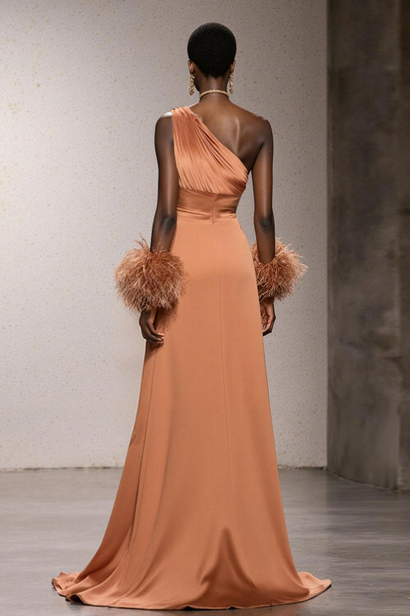 Laden Sie das Bild in den Galerie-Viewer, Orange Eine Schulter Satin Meerjungfrau Lange Formelle Kleid mit Federn