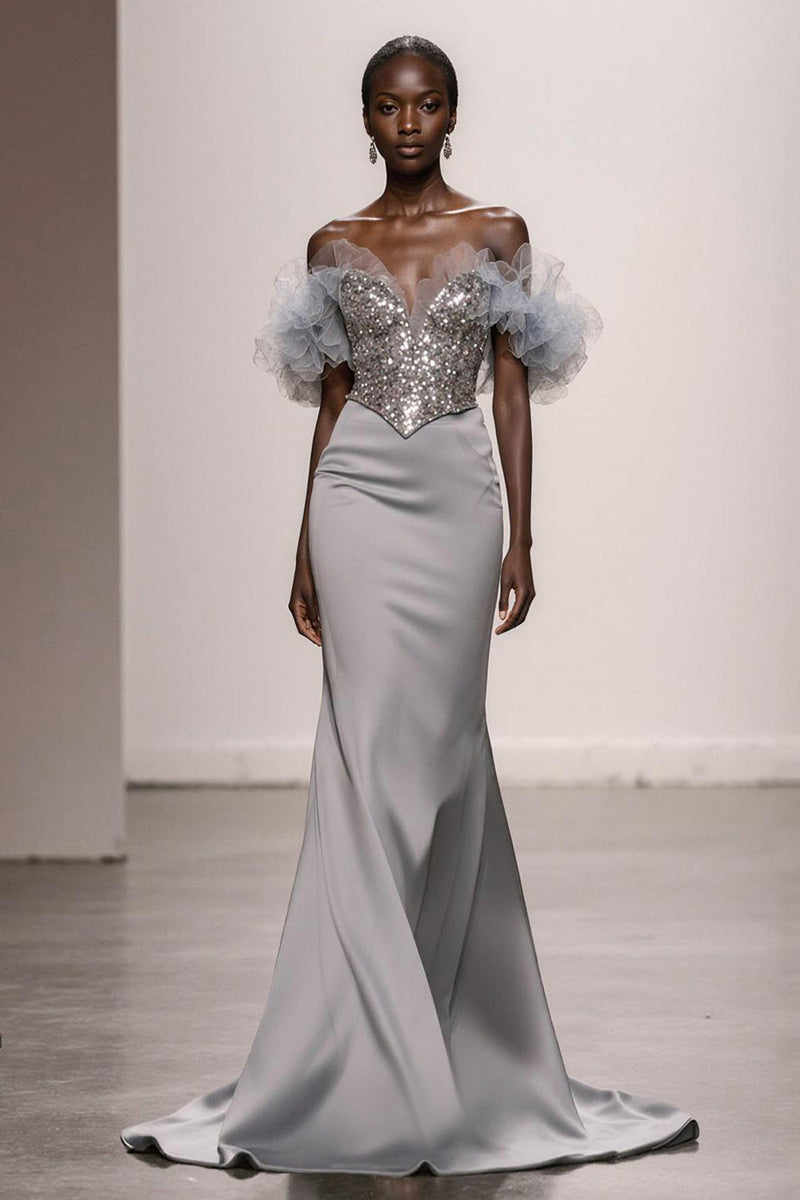 Laden Sie das Bild in den Galerie-Viewer, Glitzer Silber Schulterfreie Satin Meerjungfrau Lange Ball Kleid mit Pailletten