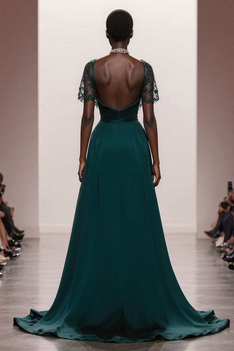 Laden Sie das Bild in den Galerie-Viewer, Dunkelgrün Herzausschnitt Satin Meerjungfrau Lange Formelle Kleid mit Ärmel