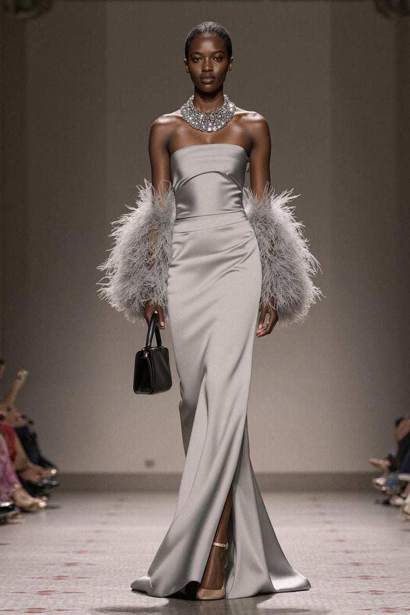 Laden Sie das Bild in den Galerie-Viewer, Silber Satin Trägerlos Meerjungfrau Lange Formelle Kleid mit Schlitz