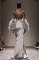 Laden Sie das Bild in den Galerie-Viewer, Silber Satin Trägerlos Meerjungfrau Lange Formelle Kleid mit Schlitz