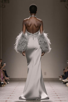 Silber Satin Trägerlos Meerjungfrau Lange Formelle Kleid mit Schlitz