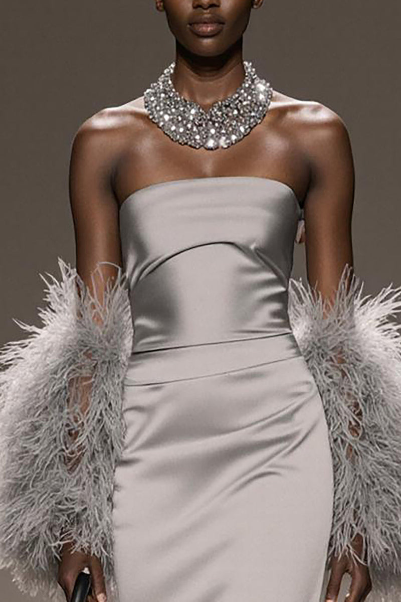 Laden Sie das Bild in den Galerie-Viewer, Silber Satin Trägerlos Meerjungfrau Lange Formelle Kleid mit Schlitz