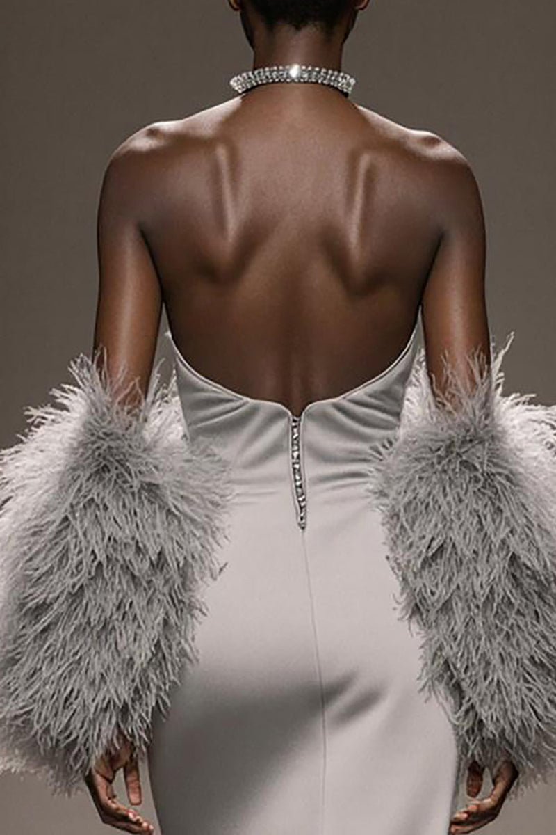 Laden Sie das Bild in den Galerie-Viewer, Silber Satin Trägerlos Meerjungfrau Lange Formelle Kleid mit Schlitz