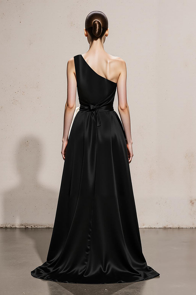 Laden Sie das Bild in den Galerie-Viewer, Schwarz und Weiß Satin Etui Eine Schulter Lange Formelle Kleid