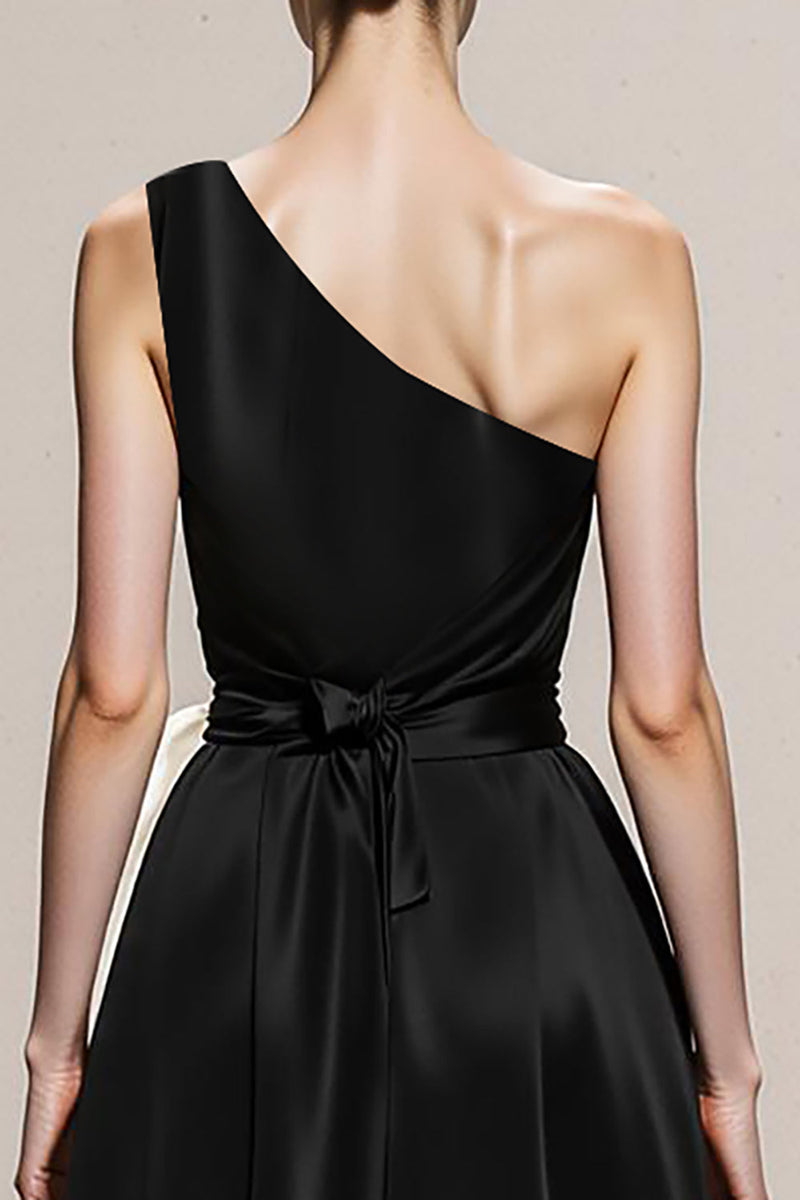 Laden Sie das Bild in den Galerie-Viewer, Schwarz und Weiß Satin Etui Eine Schulter Lange Formelle Kleid