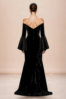 Schwarz Meerjungfrau Samt Lange Ärmel Formelle Kleid mit Schlitz