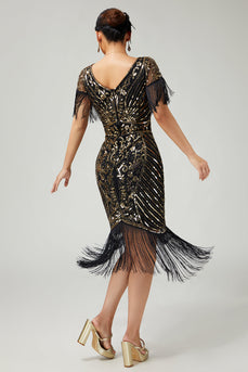 Funkelnd Schwarz Gold V-Ausschnitt Pailletten Flapper Kleid mit Fransen