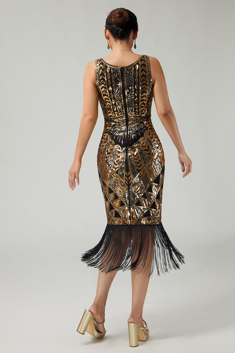Laden Sie das Bild in den Galerie-Viewer, Funkelnd Schwarz Gold V-Ausschnitt Pailletten Fransen 1920er Flapper Kleid