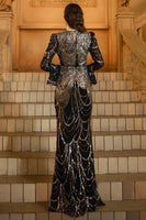 Laden Sie das Bild in den Galerie-Viewer, Glitzer Schwarz Golden Pailletten Meerjungfrau Lange Ärmel Mutter der Braut Kleid