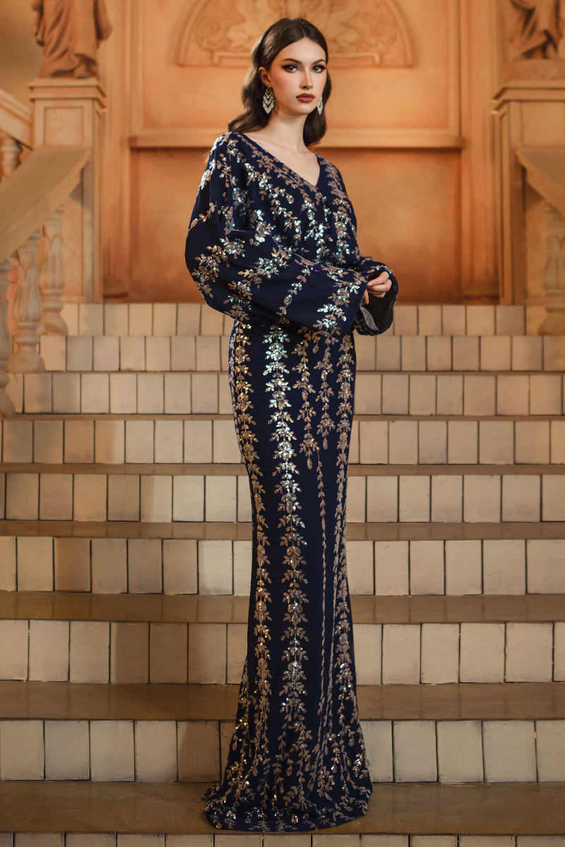 Laden Sie das Bild in den Galerie-Viewer, Glitzer Marineblau Sheath V-Ausschnitt Pailletten Lange Ärmel Mutter der Braut Kleid