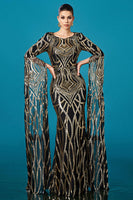 Laden Sie das Bild in den Galerie-Viewer, Glitzer Schwarz Golden Meerjungfrau U-Boot-Ausschnitt Lange Ärmel Mutter der Braut Kleid mit Cape