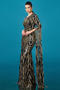 Glitzer Schwarz Golden Meerjungfrau U-Boot-Ausschnitt Lange Ärmel Mutter der Braut Kleid mit Cape