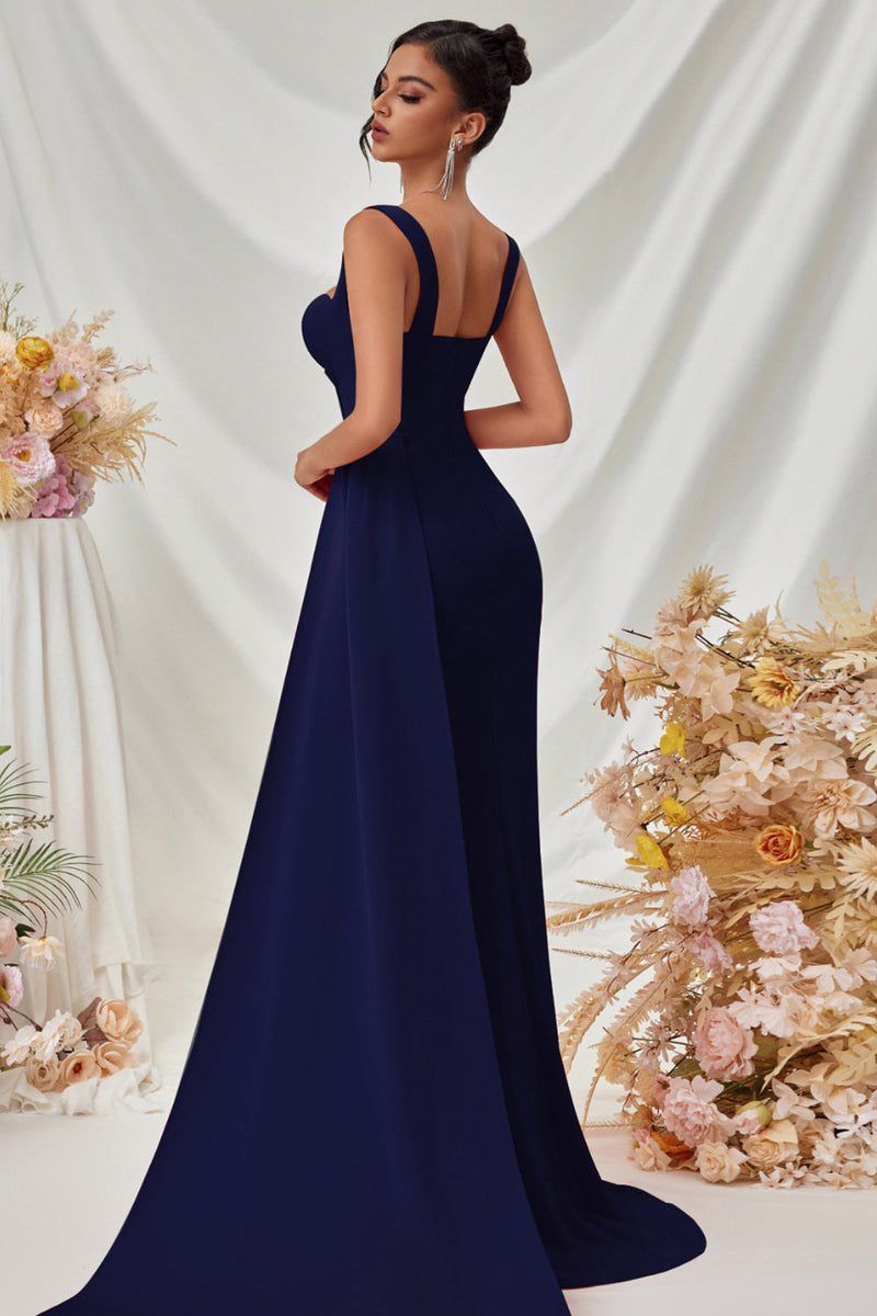 Laden Sie das Bild in den Galerie-Viewer, Einfaches Schwarz Meerjungfrau Lange Ballkleid mit Seitlichem Cape