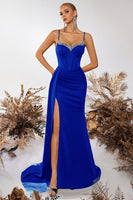 Laden Sie das Bild in den Galerie-Viewer, Glitzer Schwarz Spaghettiträger Meerjungfrau Lange Ballkleid mit Seitlichem Cape