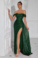 Laden Sie das Bild in den Galerie-Viewer, Glitzer Burgunderrot Korsett Pailletten Schulterfreie Lange Ballkleid mit Schlitz