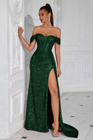 Laden Sie das Bild in den Galerie-Viewer, Glitzer Burgunderrot Korsett Pailletten Schulterfreie Lange Ballkleid mit Schlitz