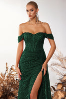 Laden Sie das Bild in den Galerie-Viewer, Glitzer Burgunderrot Korsett Pailletten Schulterfreie Lange Ballkleid mit Schlitz