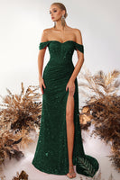 Laden Sie das Bild in den Galerie-Viewer, Glitzer Burgunderrot Korsett Pailletten Schulterfreie Lange Ballkleid mit Schlitz