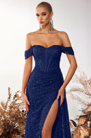 Laden Sie das Bild in den Galerie-Viewer, Glitzer Burgunderrot Korsett Pailletten Schulterfreie Lange Ballkleid mit Schlitz