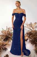 Laden Sie das Bild in den Galerie-Viewer, Glitzer Burgunderrot Korsett Pailletten Schulterfreie Lange Ballkleid mit Schlitz