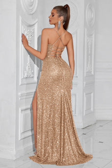 Glitzer Golden Pailletten Spaghettiträger Lange Ballkleid mit Schlitz