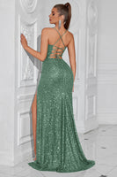 Laden Sie das Bild in den Galerie-Viewer, Glitzer Golden Pailletten Spaghettiträger Lange Ballkleid mit Schlitz