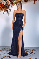 Laden Sie das Bild in den Galerie-Viewer, Glitzer Golden Pailletten Spaghettiträger Lange Ballkleid mit Schlitz