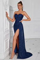 Laden Sie das Bild in den Galerie-Viewer, Glitzer Burgunderrot Pailletten Herz-Ausschnitt Lange Ballkleid mit Seitlichem Cape