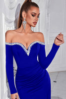 Laden Sie das Bild in den Galerie-Viewer, Glitzer Schwarz Schulterfreie Lange Ärmel Ballkleid mit Schlitz