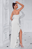 Laden Sie das Bild in den Galerie-Viewer, Schwarz Eine Schulter Rüschen Meerjungfrau Lange Ballkleid mit Schlitz