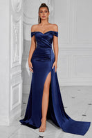 Laden Sie das Bild in den Galerie-Viewer, Dunkelgrün Meerjungfrau Schulterfreie Geraffte Lange Ballkleid mit Schlitz