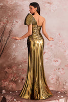 Laden Sie das Bild in den Galerie-Viewer, Golden Metallic Meerjungfrau Eine Schulter Geraffte Lange Ballkleid mit Schlitz