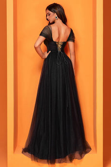 Schwarz A Linie Tulle Lange Korsett Ballkleid mit Schlitz