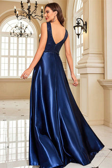 Glitzer Marineblau A Linie Satin V-Ausschnitt Lange Ballkleid mit Perlen