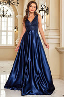 Laden Sie das Bild in den Galerie-Viewer, Glitzer Marineblau A Linie Satin V-Ausschnitt Lange Ballkleid mit Perlen