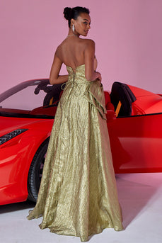 Gold Metallic Herz-Ausschnitt A Linie Lange Ballkleid mit Bogen