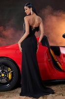 Laden Sie das Bild in den Galerie-Viewer, Schwarz Meerjungfrau Fringed Trägerlos Lange Ballkleid mit Schlitz