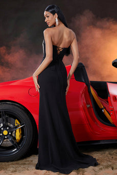 Schwarz Meerjungfrau Fringed Trägerlos Lange Ballkleid mit Schlitz