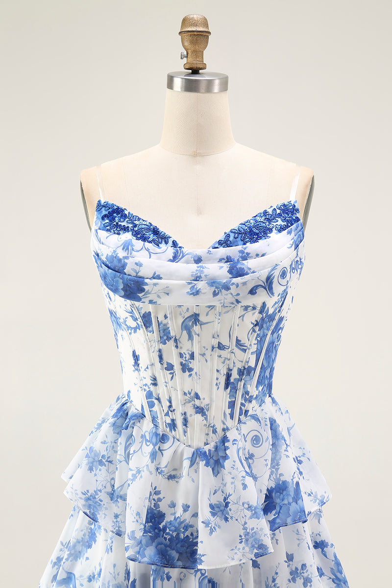 Laden Sie das Bild in den Galerie-Viewer, Weiß Blaues Blumenstufen-Korsett A-Linie Langes Abschlussballkleid mit Rüschen